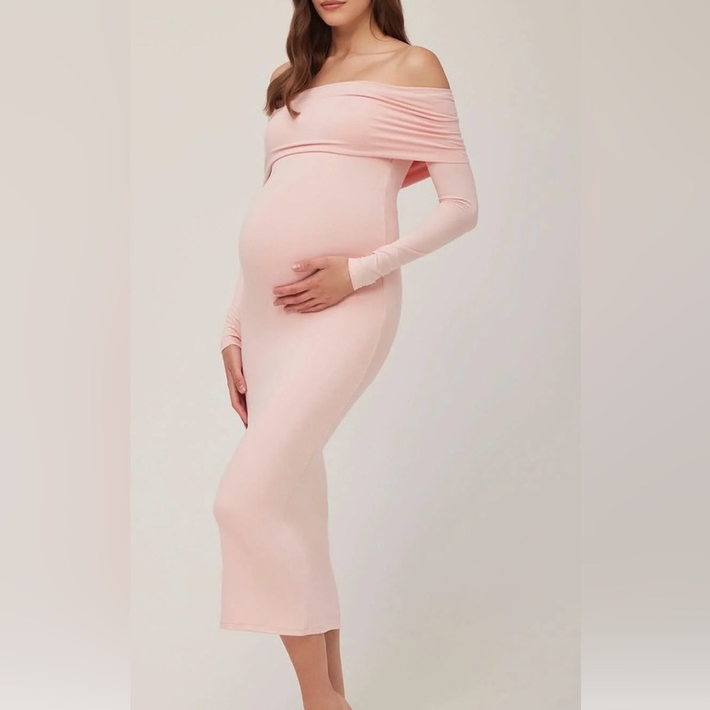 Off-Shoulder Maternity Maxi Dress in Blush Pink